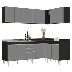 Armário De Cozinha Modulado De Canto 6 Peças Cp30 Com Pia Inox Preto-cinza