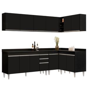 Armário De Cozinha Modulado De Canto 6 Peças Cp32 Balcão Com Tampo Preto