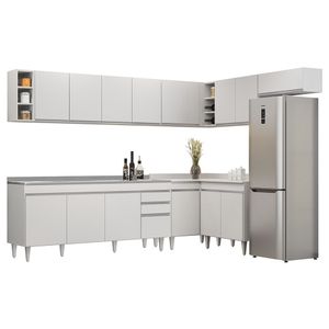 Armário De Cozinha Modulado De Canto 8 Peças Cp27 Com Pia Inox Branco