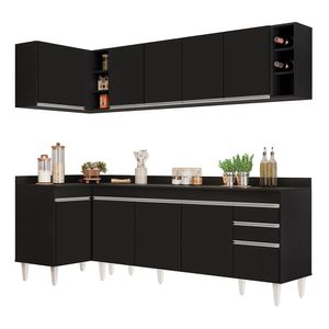 Armário De Cozinha Modulado De Canto Direito 5 Peças Cp44 Balcão Com Tampo Preto