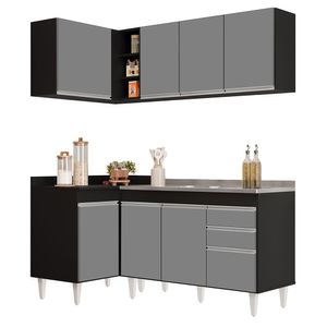 Armário De Cozinha Modulado De Canto Direito 4 Peças Cp39 Com Pia Inox Preto-cinza