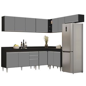 Armário De Cozinha Modulado De Canto 7 Peças Cp23 Balcão Com Tampo Preto-cinza