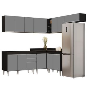 Armário De Cozinha Modulado De Canto 7 Peças Cp19 Balcão Sem Tampo Preto-cinza
