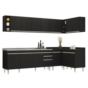 Armário De Cozinha Modulado De Canto 7 Peças Cp36 Com Pia Inox Preto