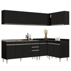 Armário De Cozinha Modulado De Canto 6 Peças Cp33 Com Pia Inox Preto