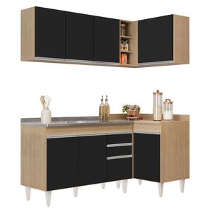 Armário De Cozinha Modulado De Canto Esquerdo 4 Peças Cp48 Com Pia Inox Castanho-preto