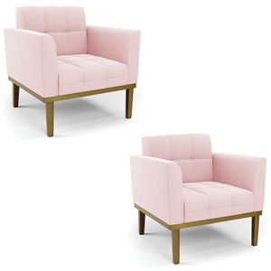 Poltrona Base Madeira Castanho Kit 2 Ana Suede Rosa Bebê