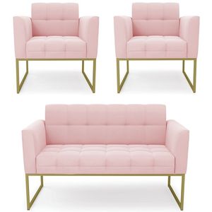 Sofá Namoradeira E 2 Poltronas Base Industrial Dourado Ana Suede Rosa Bebê