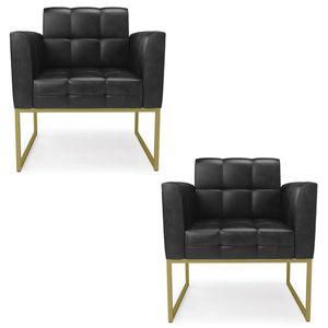 Poltrona Base Industrial Dourado Kit 2 Ana Sintético Pu Preto