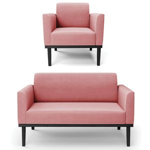 Sofá Namoradeira E 1 Poltrona Base Madeira Preto Maressa Suede Rosê