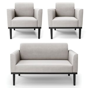 Sofá Namoradeira E 2 Poltronas Base Madeira Preto Maressa Veludo Cinza