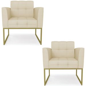 Poltrona Base Industrial Dourado Kit 2 Ana Veludo Luxo Off White