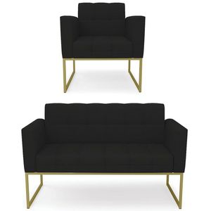 Sofá Namoradeira E 1 Poltrona Base Industrial Dourado Ana Linho Preto