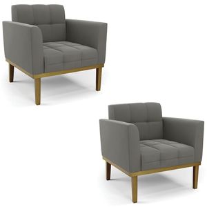 Poltrona Base Madeira Castanho Kit 2 Ana Suede Grafite
