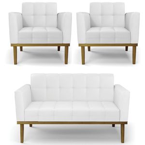 Sofá Namoradeira E 2 Poltronas Base Madeira Castanho Ana Sintético Branco