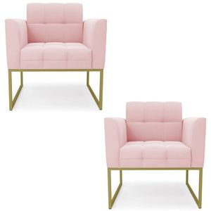 Poltrona Base Industrial Dourado Kit 2 Ana Suede Rosa Bebê