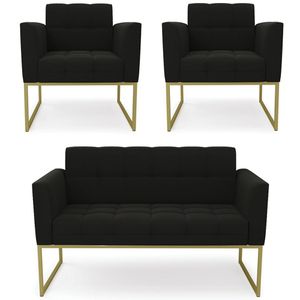 Sofá Namoradeira E 2 Poltronas Base Industrial Dourado Ana Suede Preto