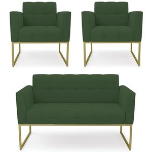 Sofá Namoradeira E 2 Poltronas Base Industrial Dourado Ana Veludo Verde