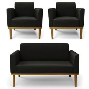 Sofá Namoradeira E 2 Poltronas Base Madeira Castanho Maressa Suede Preto