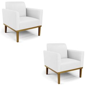 Poltrona Base Madeira Castanho Kit 2 Maressa Sintético Branco