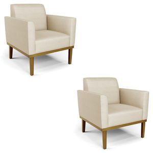 Poltrona Base Madeira Castanho Kit 2 Maressa Veludo Luxo Off White