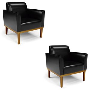 Poltrona Base Madeira Castanho Kit 2 Maressa Sintético Pu Preto