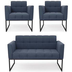 Sofá Namoradeira E 2 Poltronas Base Industrial Preto Ana Suede Azul Marinho