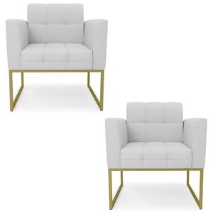 Poltrona Base Industrial Dourado Kit 2 Ana Linho Cinza