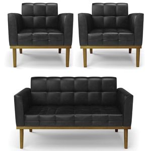 Sofá Namoradeira E 2 Poltronas Base Madeira Castanho Ana Sintético Pu Preto