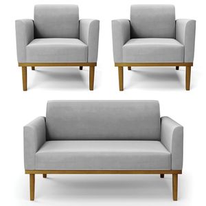 Sofá Namoradeira E 2 Poltronas Base Madeira Castanho Maressa Suede Cinza