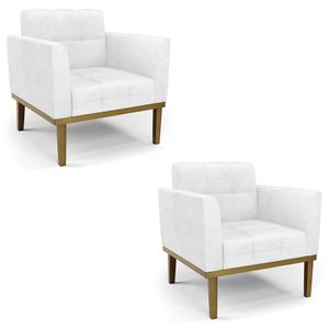 Poltrona Base Madeira Castanho Kit 2 Ana Sintético Pu Branco