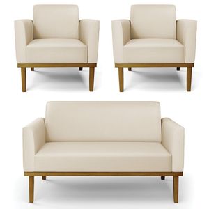 Sofá Namoradeira E 2 Poltronas Base Madeira Castanho Maressa Sintético Bege