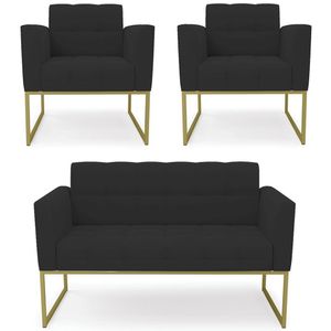 Sofá Namoradeira E 2 Poltronas Base Industrial Dourado Ana Veludo Preto