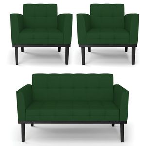 Sofá Namoradeira E 2 Poltronas Base Madeira Preto Ana Veludo Luxo Verde