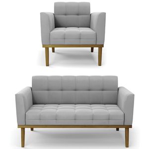 Sofá Namoradeira E 1 Poltrona Base Madeira Castanho Ana Suede Cinza