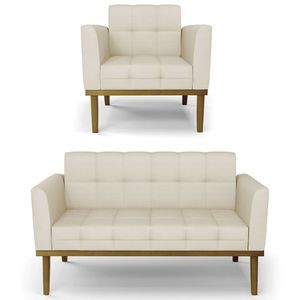 Sofá Namoradeira E 1 Poltrona Base Madeira Castanho Ana Veludo Luxo Off White