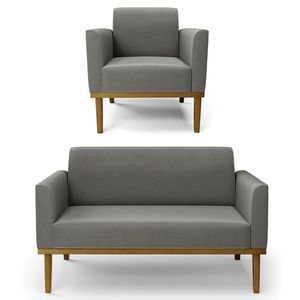 Sofá Namoradeira E 1 Poltrona Base Madeira Castanho Maressa Suede Grafite