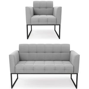 Sofá Namoradeira E 1 Poltrona Base Industrial Preto Ana Suede Cinza