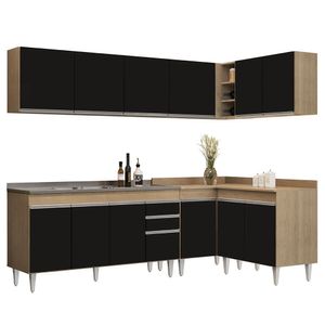 Armário De Cozinha Modulado De Canto 6 Peças Cp33 Com Pia Inox Castanho-preto - Lumil
