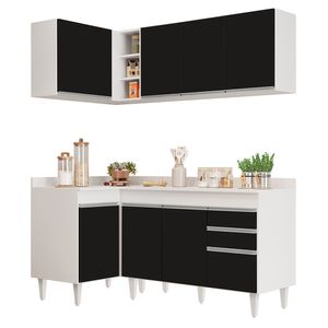 Armário De Cozinha Modulado De Canto Direito 4 Peças Cp38 Balcão Com Tampo Branco-preto - Lumil