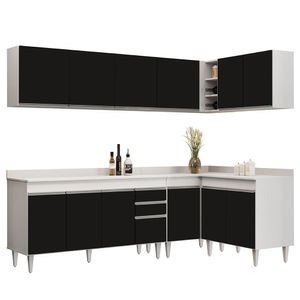 Armário De Cozinha Modulado De Canto 6 Peças Cp32 Balcão Com Tampo Branco-preto - Lumil