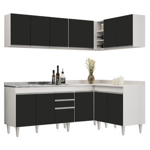 Armário De Cozinha Modulado De Canto 6 Peças Cp30 Com Pia Inox Branco-preto - Lumil