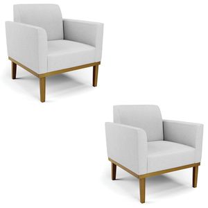 Poltrona Base Madeira Castanho Kit 2 Maressa Linho Cinza