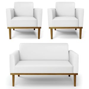Sofá Namoradeira E 2 Poltronas Base Madeira Castanho Maressa Sintético Branco