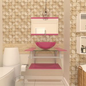Gabinete De Vidro 60cm Com Cuba Redonda Rosa