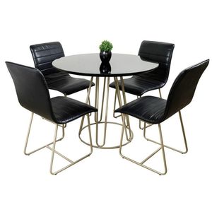 Conjunto Sala De Jantar Rubi Preto Com 4 Cadeiras Cristal Couro Preto Base Champanhe