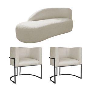 Kit Divã Luna 185cm Lado Esquerdo E 02 Poltronas Base De Ferro Preto Bouclé Bege