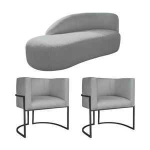 Kit Divã Luna 185cm Lado Esquerdo E 02 Poltronas Base De Ferro Preto Bouclé Cinza