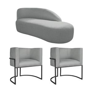 Kit Divã Luna 185cm Lado Direito E 02 Poltronas Base De Ferro Preto Bouclé Cinza