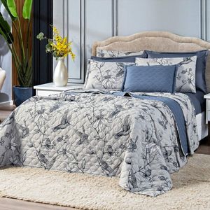 Cobre Leito Beija-flor Azul-cinza Dupla Face Com Fronhas Queen 03 Peças Percal 300 Fios Acetinado